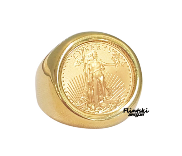1//10 $5 Gold Eagle Coin Ring Sterling Silver Smooth High Polished