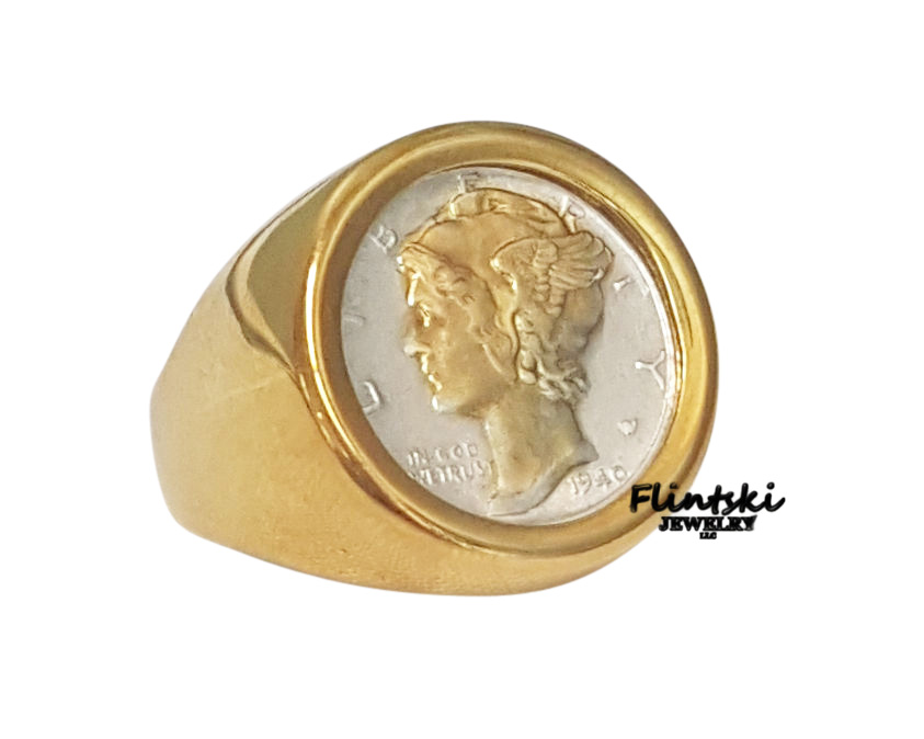 24k Gold Plated Highlighted Mercury Dime Coin Ring Coin Not Included