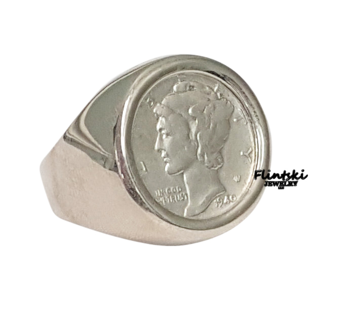 Unisex Mercury Dime Coin Ring Sterling Silver Smooth High Polished 