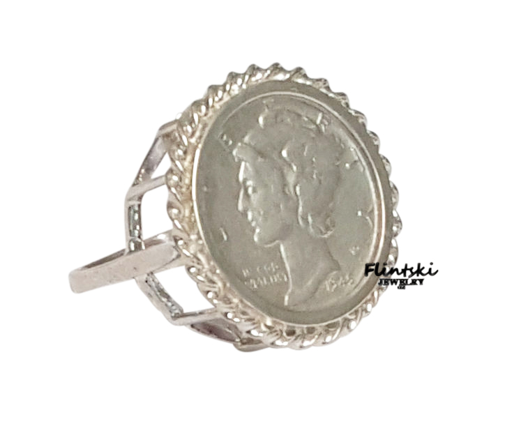 Unisex Mercury Dime Coin Ring Sterling Silver Smooth High Polished 