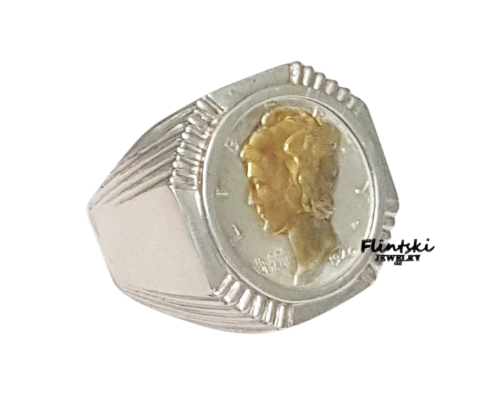 24k Gold Plated Highlighted Mercury Dime Coin Ring Coin Not Included